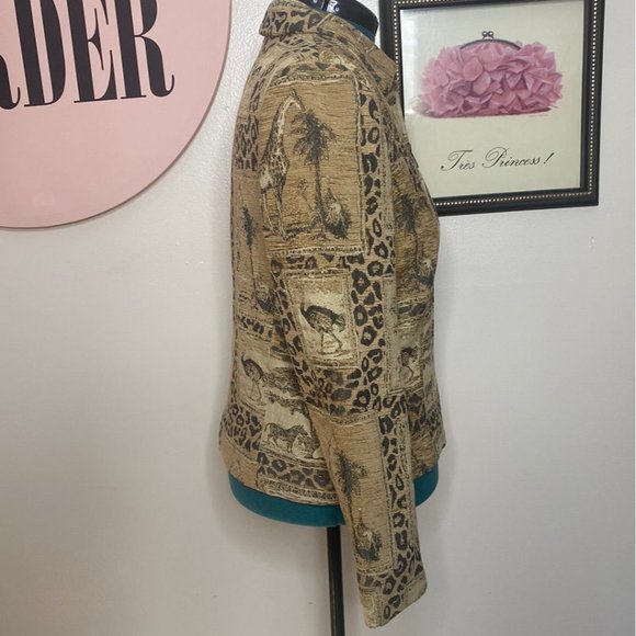 BEIGE TWEED ANIMAL PRINT JACKET SZ 14 - Picture 3 of 4
